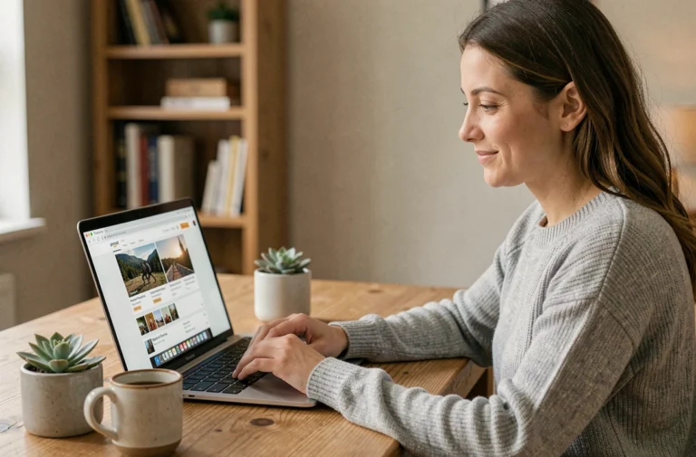 Femme gérant son compte Amazon Photos sur un ordinateur portable dans un bureau à domicile confortable