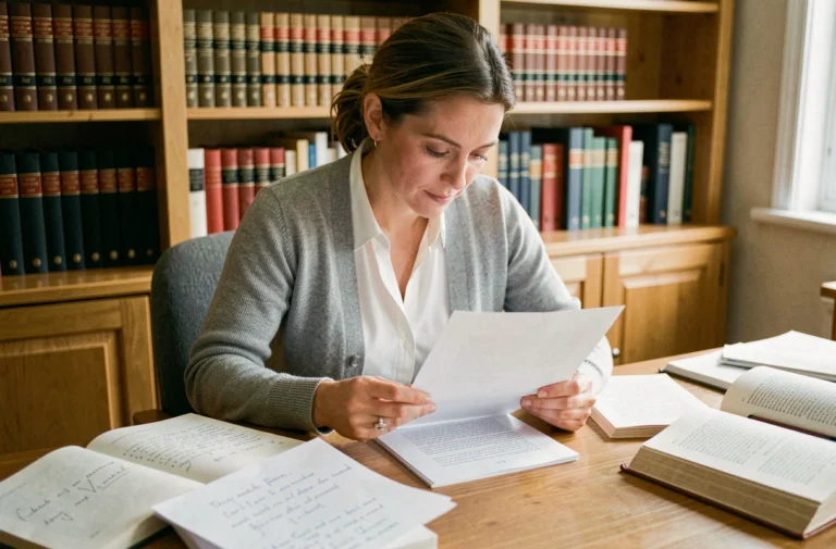 Femme consultant des livres de grammaire française pour distinguer aillant et ayant à son bureau