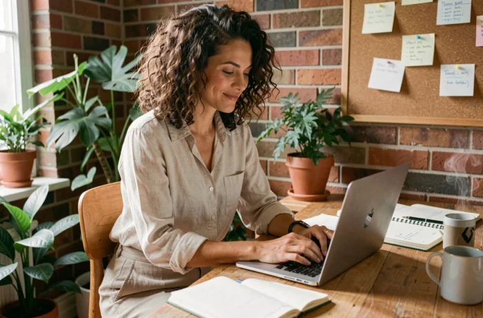 Femme indépendante travaillant à son bureau à domicile entourée de plantes et de carnets dans un espace de travail chaleureux