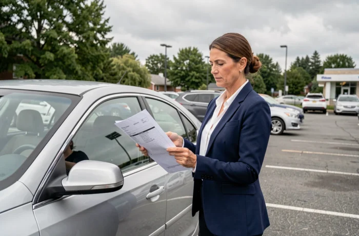 Femme inspectant une voiture d'occasion dans un parking de concessionnaire avec un rapport de contrôle technique