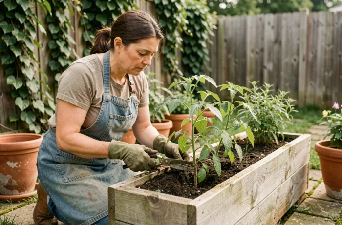 Femme jardinière qui taille des plantes dans un potager surélevé en bois avec des herbes aromatiques et des tomates