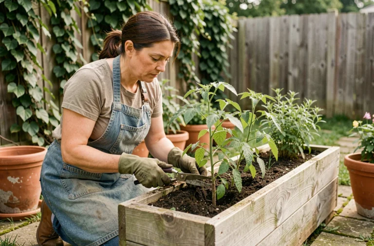 Femme jardinière qui taille des plantes dans un potager surélevé en bois avec des herbes aromatiques et des tomates