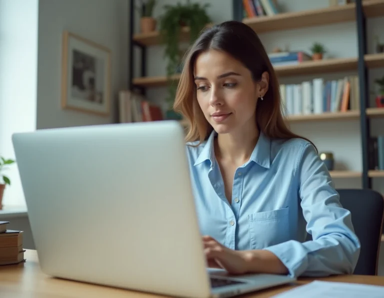 Femme naviguant sur le site Carré Presse depuis un ordinateur portable dans un bureau à domicile