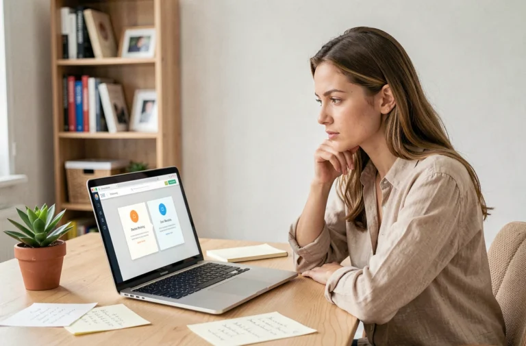 Femme utilisant un outil de décision en ligne sur son ordinateur portable dans un bureau moderne