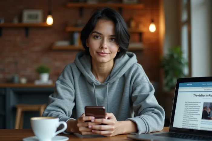 Femme consultant son portefeuille de cryptomonnaies avec XRP et Bitcoin sur smartphone depuis son domicile