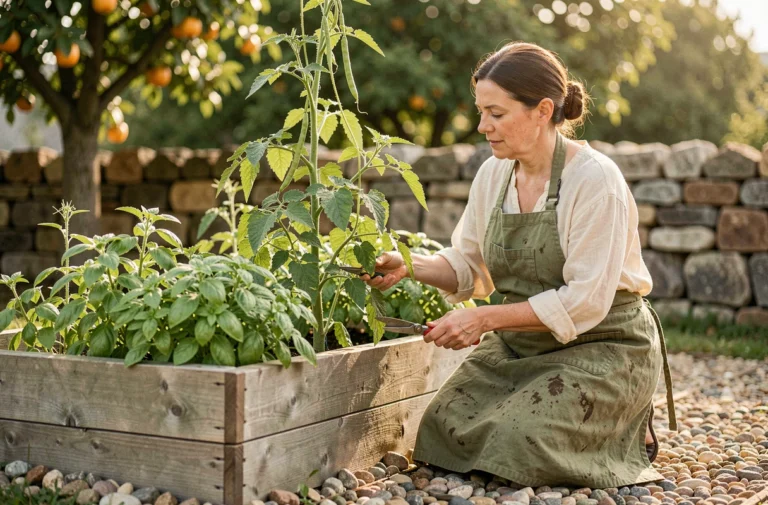 Femme entretenant un potager surélevé en bois avec tomates, basilic et haricots grimpants dans un jardin naturel