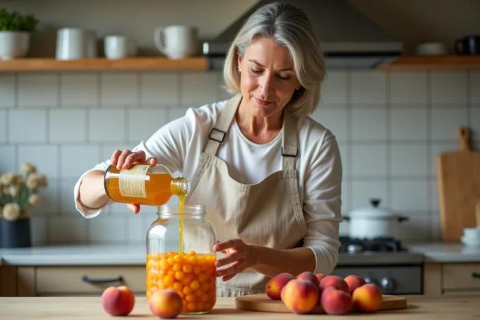 Femme en tablier versant de l'alcool à fruits dans un bocal de pêches et abricots dans une cuisine lumineuse