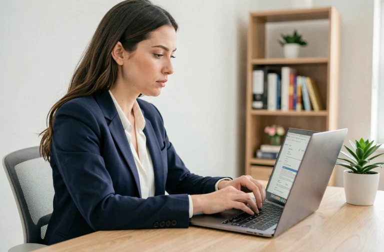 Femme professionnelle révisant son CV sur un ordinateur portable dans un bureau à domicile moderne