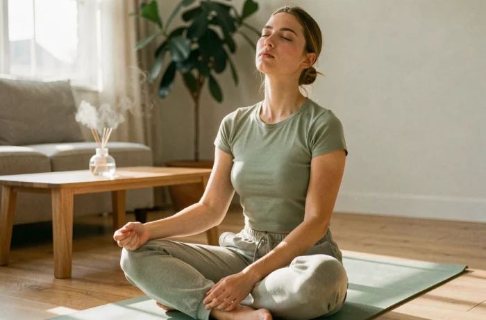 Jeune femme pratiquant la respiration profonde sur un tapis de yoga pour soulager le stress et la sensation de boule dans la gorge