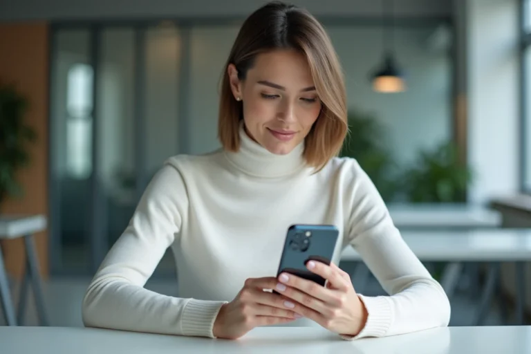Femme professionnelle utilisant un smartphone pliable dans un bureau technologique moderne en 2024