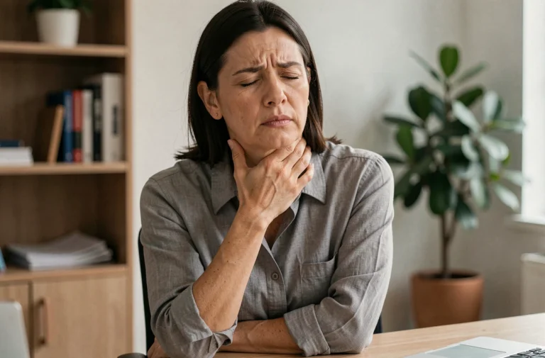 Femme stressée assise à son bureau, main sur la gorge, illustrant la sensation de boule dans la gorge liée à l'anxiété