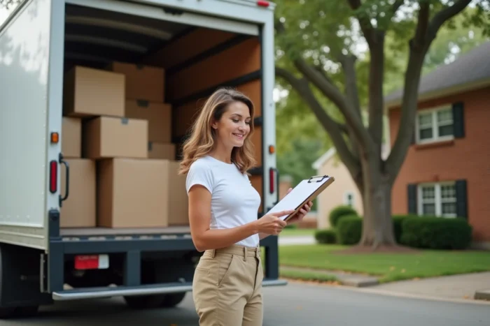 Femme supervisant le chargement organisé d'un camion de déménagement devant une maison de banlieue avec une liste de contrôle