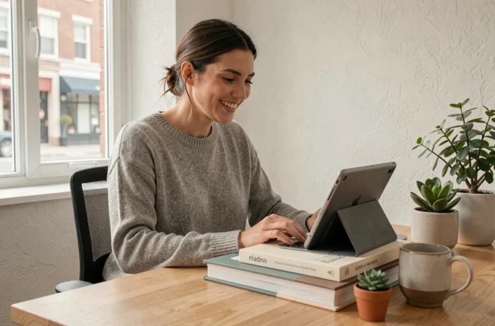 Femme utilisant une tablette numérique dans un bureau à domicile moderne, entourée de plantes et d'objets tech du quotidien