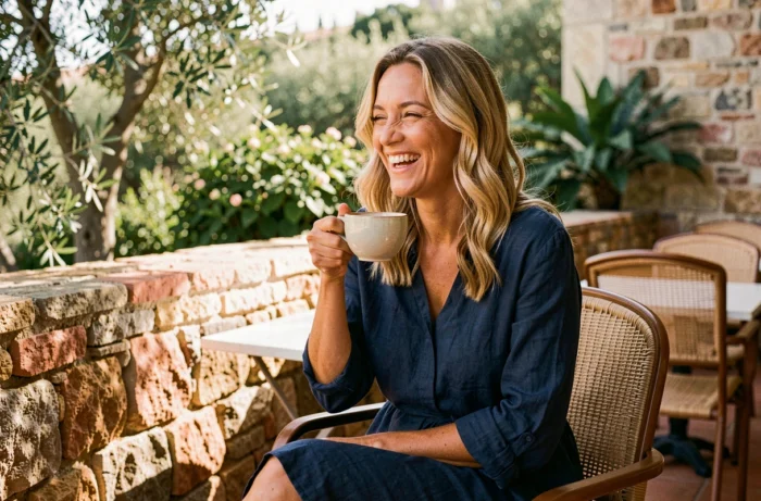 Femme détendue souriant à une terrasse de café méditerranéen, atmosphère lifestyle ensoleillée