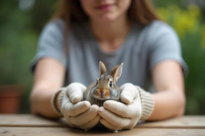Femme tenant délicatement un bébé lapin sauvage dans ses mains gantées dans un jardin