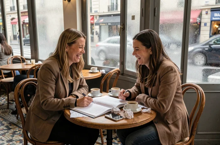 Deux femmes riant autour d'un script d'humour noir dans un café parisien, ambiance décontractée et complice