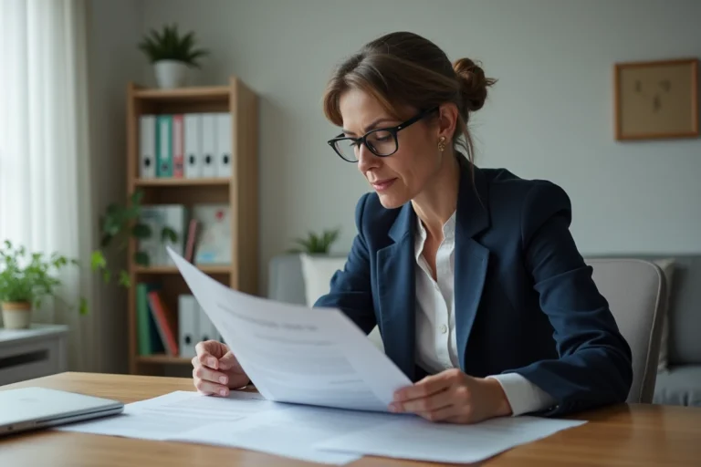 Fonctionnaire en logement de fonction examinant des documents d'assurance habitation sur un bureau en bois