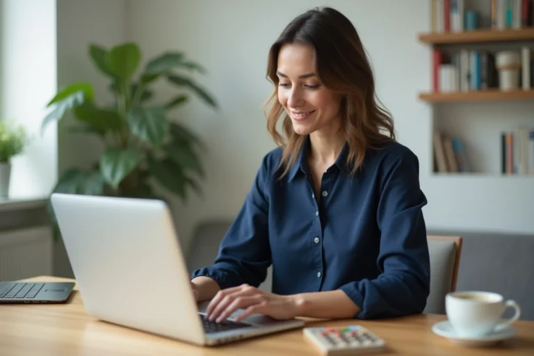 Femme gérant son compte bancaire en ligne sur un ordinateur portable dans un bureau à domicile moderne