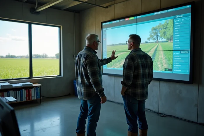 Deux gestionnaires agricoles analysant des données de drones et de systèmes d'irrigation automatisés sur un écran tactile dans une salle de contrôle d'exploitation moderne