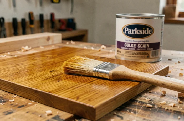 Gros plan sur une planche en chêne enduite de lasure polyuréthane Parkside avec pinceau et pot ouvert
