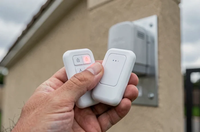 Gros plan sur deux télécommandes de portail tenues en main lors de la procédure de synchronisation avec un voyant LED allumé
