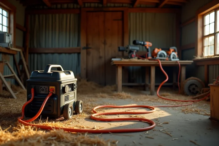Groupe électrogène alimentant des outils électriques via des câbles oranges dans une grange en bois