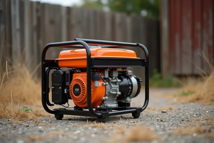 Groupe électrogène Mecafer MF3300 posé sur gravier devant un atelier rural, vue trois quarts