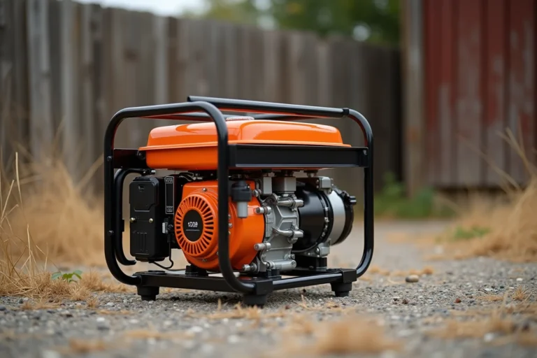 Groupe électrogène Mecafer MF3300 posé sur gravier devant un atelier rural, vue trois quarts