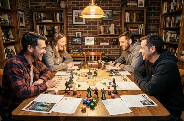 Groupe d'adultes jouant à un jeu de rôle sur table avec dés, cartes et figurines dans une ambiance chaleureuse