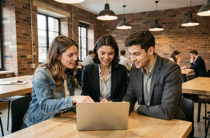 Groupe de jeunes professionnels discutant d'actualités sur un ordinateur portable dans un espace de coworking