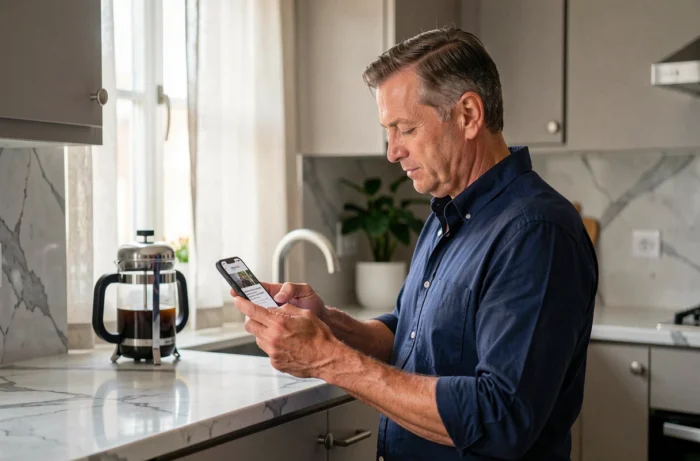 Homme lisant les actualités du matin sur son smartphone dans une cuisine moderne
