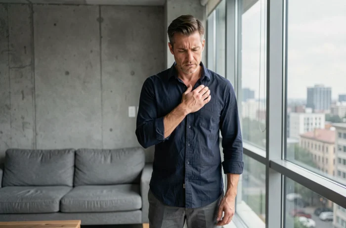 Homme anxieux debout près d'une fenêtre, main sur la poitrine, symbolisant la tension physique liée au stress et à l'anxiété