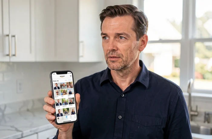 Homme consultant l'application Amazon Photos sur smartphone dans une cuisine moderne