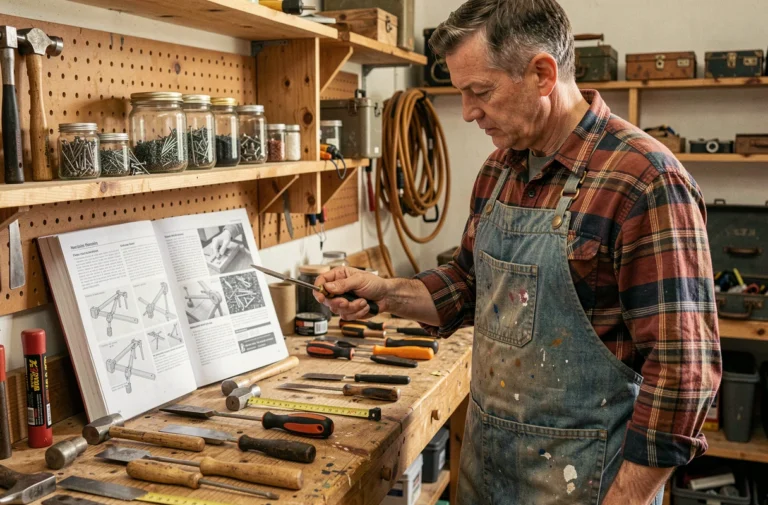 Homme bricoleur consultant un guide de bricolage à son établi bien organisé avec des outils manuels