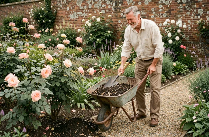 Homme qui épand du compost autour de rosiers dans un jardin de cottage avec une brouette vintage