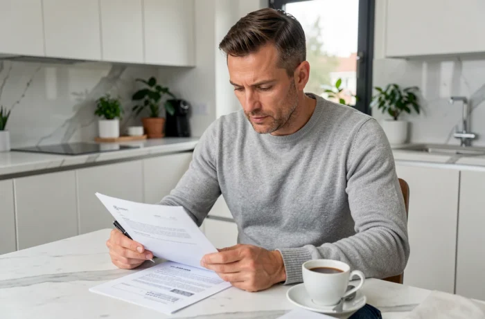 Homme examinant un contrat de location à domicile avec l'aide d'un accompagnement professionnel immobilier