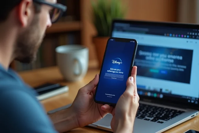 Homme dépannant une erreur sur l'application Disney Plus depuis son bureau à domicile