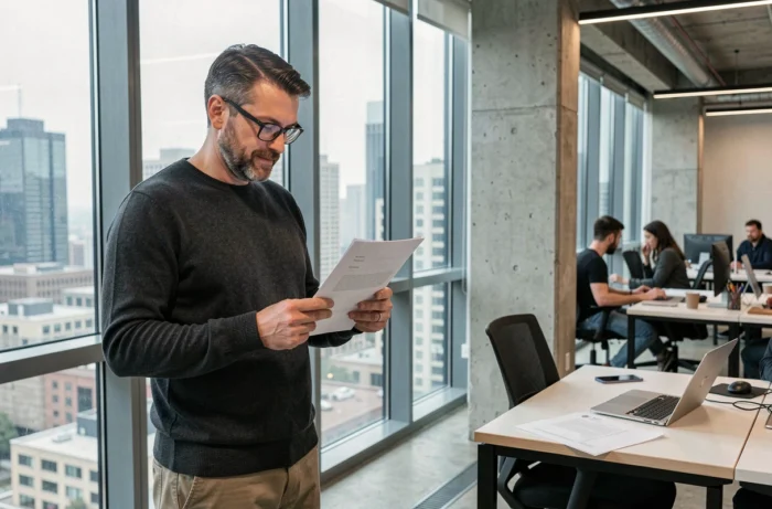 Homme freelance concentré dans un espace de coworking moderne avec vue sur la ville, incarnant l'autonomie professionnelle