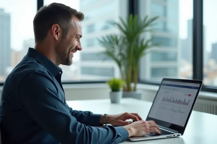 Homme gérant ses finances personnelles via un service bancaire en ligne sur ordinateur portable dans un bureau à domicile