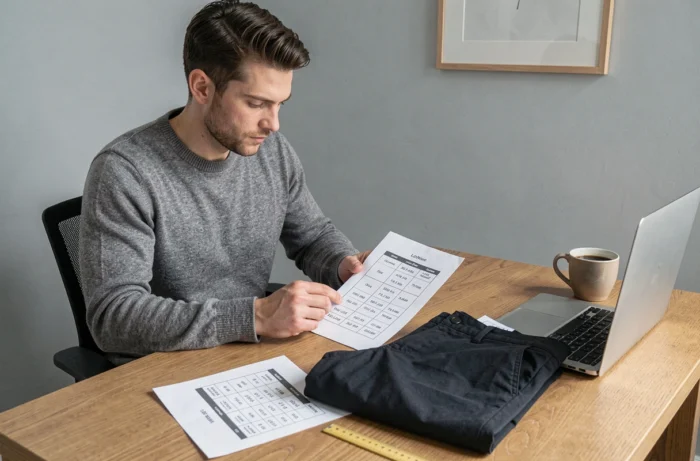 Homme consultant un guide des tailles et équivalences pour pantalon avec tour de taille 42