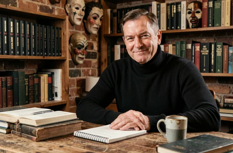 Homme souriant avec expression sardonique assis dans un bureau littéraire, illustrant l'humour noir pour adultes