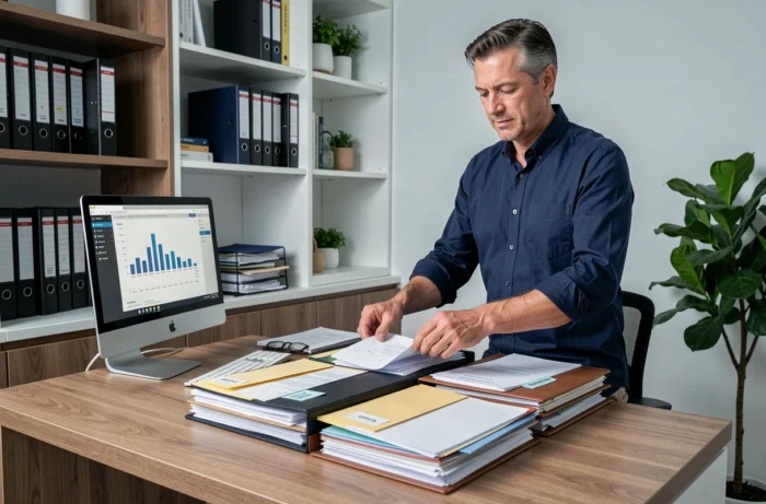 Homme organisant des documents financiers dans un bureau à domicile pour optimiser ses finances personnelles