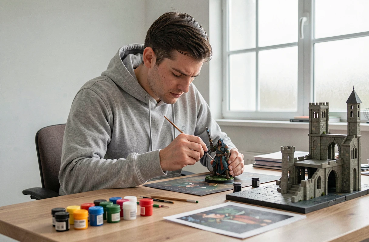 Homme concentré en train de peindre une figurine de jeu de rôle sur un bureau de travail organisé