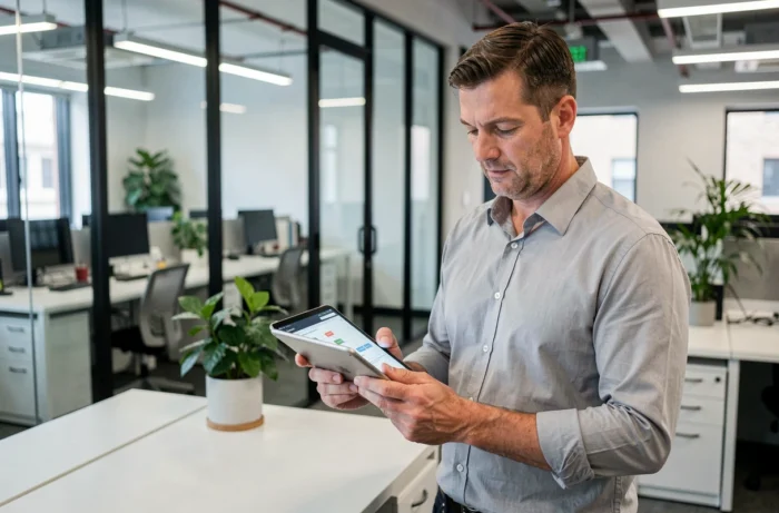 Homme debout consultant l'architecture d'un plan de site sur une tablette dans un open space professionnel
