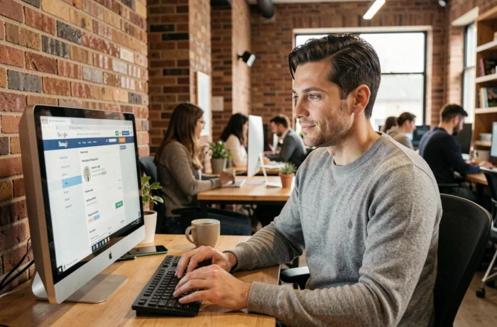 Jeune homme cherchant un emploi en ligne dans un espace de coworking avec ordinateur de bureau
