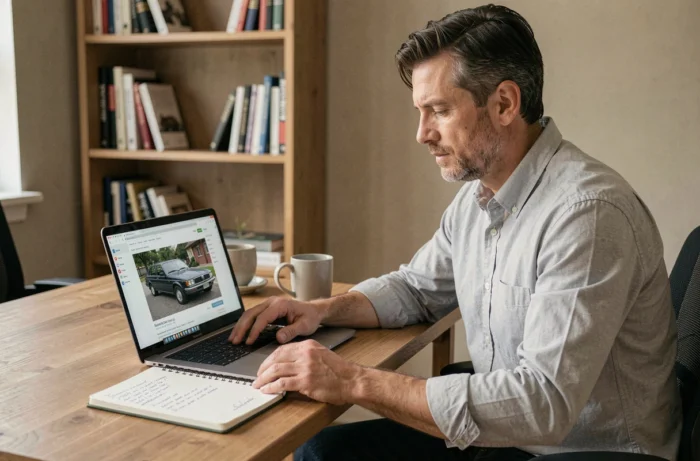 Homme consultant des annonces de voitures d'occasion sur un ordinateur portable dans un bureau à domicile