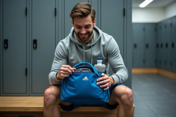 Homme inspectant son nouveau sac de sport Basic Fit gratuit dans les vestiaires d'une salle de gym