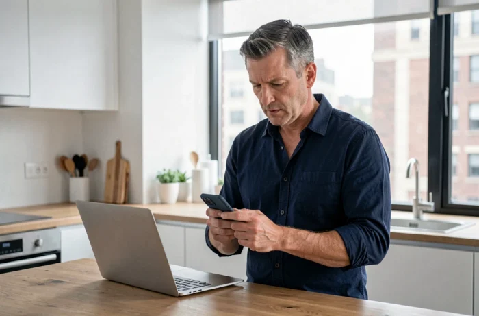 Homme consultant son smartphone et son ordinateur portable dans une cuisine moderne, illustrant l'usage quotidien de la technologie