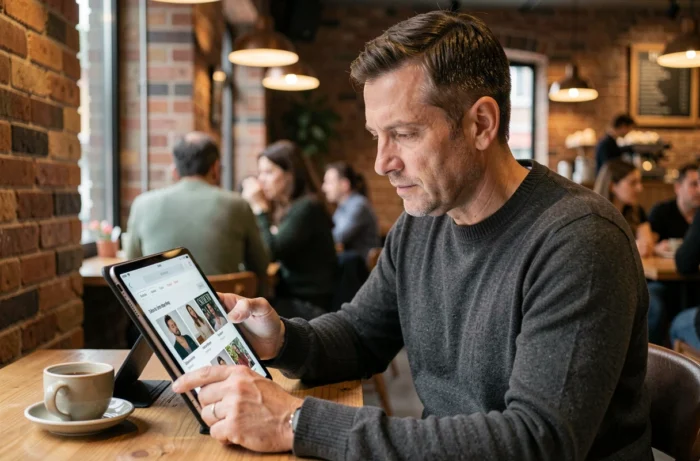 Homme consultant la page Carré Presse sur une tablette dans un café moderne