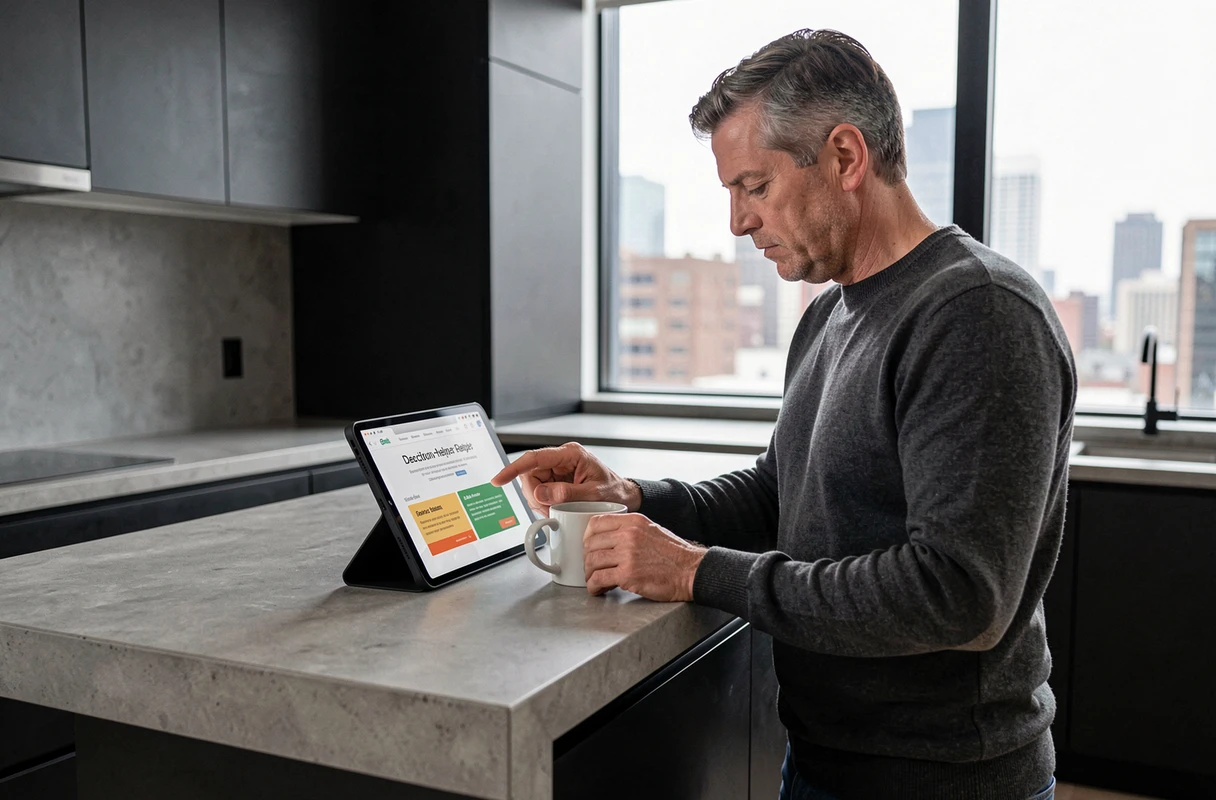 Homme consultant un outil de décision en ligne sur une tablette dans une cuisine moderne